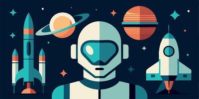 Futuristic robot at cosmos. Future science flat cyborg character. Robotic android mascot. Space fantastic technology vector