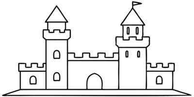 Line castle with tower. Simple outline building. Medieval kingdom fortress. Royal fairytale architecture. Sketch doodle fairytale castle vector
