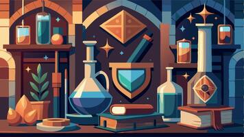 Alchemy table with magic bottle. Cartoon wizard alchemical flask. Occult medieval witchcraft ingredient. Sorcery potion with fairytale elixir vector