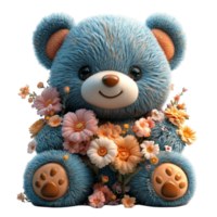 Cute Blue Teddy Bear with Floral Design On Transparent Background png