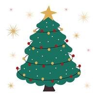 Christmas tree with electric lights and the star top with flat sparkles and stars. decorative sticker and New Year decorative element. vector
