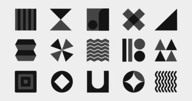 Abstract black shapes, retro decorative sticker set and banner, different decorative geometric forms, patterns and symbols. illustration. vector