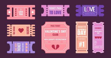 Valentine Day tickets with text greetings, heart symbols and frames. Decorative holiday design elements. stickers. vector