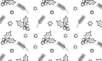 Simple Pattern with Plants, Minimalist Christmas Hand Drawn Pattern, Vintage, Doodle, Sketch, Black vector