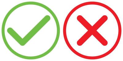 green tick and red x in circle, OK check mark and X cross icon symbol, illustration isolated on a white background vector