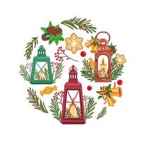 Christmas wreath with lanterns, holly, gingerbread, bells, and festive decorations. Template in a circle. vector