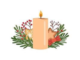 Flat style burning candle decorated with christmas branches with red berries, etc. vector
