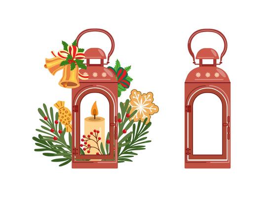 Winter christmas lanterns, decor in flat design.