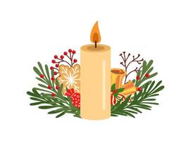 Flat style burning candle decorated with christmas branches with red berries, Christmas bells, candy and ginger biscuit. vector