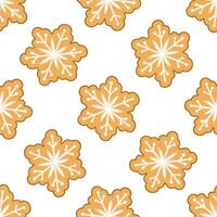 Festive gingerbread snowflake cookie with icing decoration, seamless pattern, holiday dessert illustration in flat style. vector