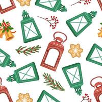 Seamless Christmas pattern with lanterns, bells, holly, gingerbread, and winter elements. vector
