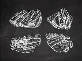 hand-drawn monochrome sketch of pork, ham slice, and prosciutto on chalkboard vector