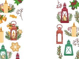 Vertical christmas border with lanterns, candles, holly, and festive decorations. Rectangular template in flat style. vector