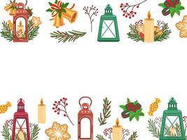 Christmas decorations with lanterns, candles, holly, and festive elements. Rectangular template in flat style. vector
