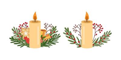Flat style burning candle decorated with christmas branches with red berries, Christmas bells, etc. vector