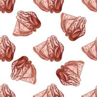 Hand-drawn colored seamless pattern of pork meat, ham slice, prosciutto vintage sketch. vector