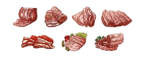 Hand-drawn sketches of bacon, hamon, ham slices. Italian prosciutto vintage sketch. Butcher shop. Great for label, restaurant menu. Engraved image. vector