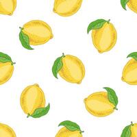 Lemon seamless pattern with leaves and flowers, hand-drawn style vector