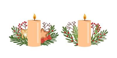 Flat style candle decorated with christmas branches with red berries, etc. Set vector