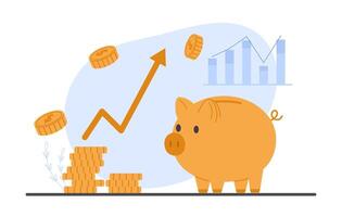 Illustration of a piggy bank and a rising graph, representing profit increase and smart investment vector
