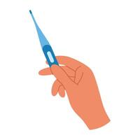 of a hand holding a digital thermometer, representing body temperature measurement and fever check vector
