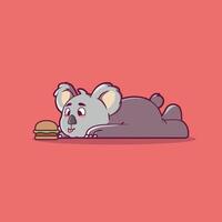 Koala character lying on the floor, looking at a burger vector