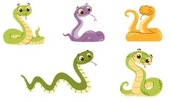 Set of flat illustrations in a simple children's style. Cute snakes in different colors and in different poses on a white background vector