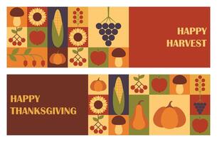 Set of horizontal banners Happy Harvest and Happy Thanksgiving. Greeting card design template with abstract geometric print. illustration vector