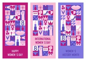 Set of festive vertical banners Happy Womens day. Templates for greeting card or invitation in abstract modern geometric style. illustration vector