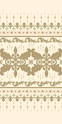 Elegance Detailed of Golden Silk sense of wealth and royalty. Opulence Seamless Pattern Border for Luxury Art Work Decoration. Leaves, Feathers, Scroll Ornament On Beige Background. Fleur De Lis Style