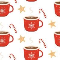 hot cocoa mugs, candy canes, and star-shaped cookies on white background vector