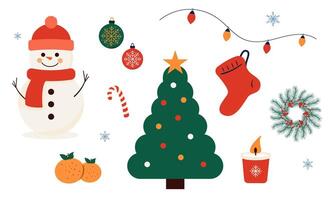 Christmas illustrations with a snowman, tree, ornaments and decorations vector
