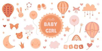 a large set of cute elements for a girl in pink on a white background vector