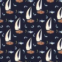 Sailing ship in watercolor nautical pattern isolated. Sail vessel and fish tuna hand drawn seamless design. Fish on ship background. Ocean scene element for textile, packaging, printed products. vector