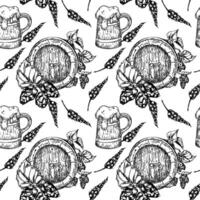 Seamless pattern with hand drawn hop cones, wooden beer barrel in black white isolated. Wheat ears and beer mug painted monochrome on repeated background for Oktoberfest textile, wrapping paper vector