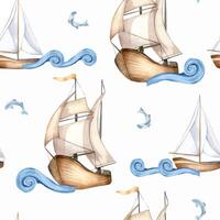 Various Sailboats on cute waves and small fishes hand drawn by seamless pattern. Seafaring design textile in watercolor . Fishes and sailing ships for background. Ocean scene for packaging, print. vector