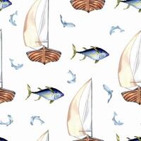 Sailing ship in watercolor nautical pattern isolated. Sail vessel and fish tuna hand drawn seamless design. Fish on ship background. Ocean scene element for textile, packaging, printed products. vector
