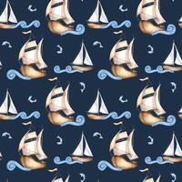 Various Sailboats on cute waves and small fishes hand drawn by seamless pattern. Seafaring design textile in watercolor . Fishes and sailing ships for background. Ocean scene for packaging, print. vector