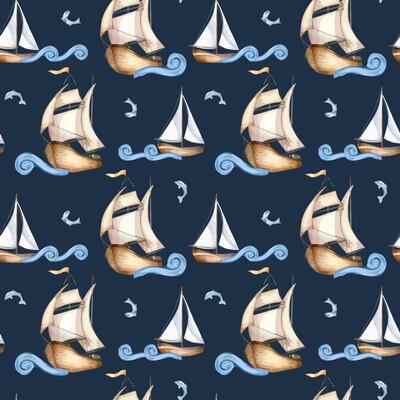 Various Sailboats on cute waves and small fishes hand drawn by seamless pattern. Seafaring design textile in watercolor . Fishes and sailing ships for background. Ocean scene for packaging, print.