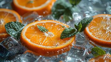 Fresh orange slices with water splashes, capturing the vibrant, juicy essence of citrus in a lively, refreshing composition. Perfect for summer and wellness themes. photo
