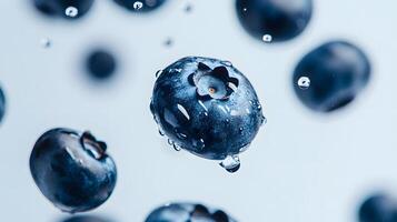 Fresh, juicy blueberries scattered on a white background, highlighting their vibrant blue color and natural appeal, perfect for healthy food concepts. photo