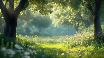 A peaceful spring landscape showcasing a sunny morning in a grove, with soft sunlight filtering through the trees, highlighting the fresh greenery and vibrant nature. photo