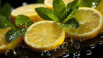 Fresh lemon slices with mint leaves and water splashes, capturing the vibrant, juicy details of citrus in a refreshing and invigorating composition. photo