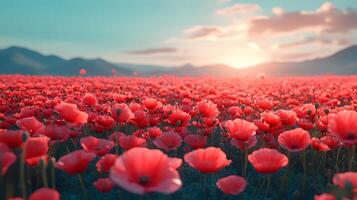 A field of red poppies, a poignant symbol of remembrance and sacrifice, representing the deep meaning of Anzac Day, honoring those who gave their lives for freedom. photo