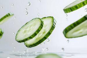 Fresh cucumber slices arranged on a clean white background, showcasing their vibrant green color and crisp texture. Perfect for food and health themes. photo