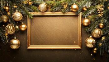 Christmas frame with golden ornaments on a dark background photo