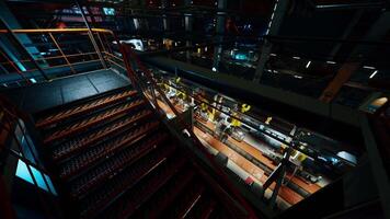 Conveyor system in a factory during machine construction video
