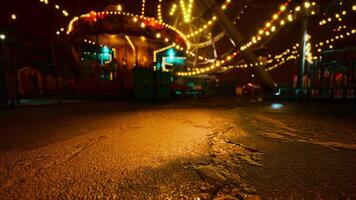 An empty amusement park at night with glowing lights and deserted rides video