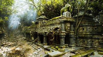 Ancient Cambodian temple ruins illuminated by sunlight filtering through trees video