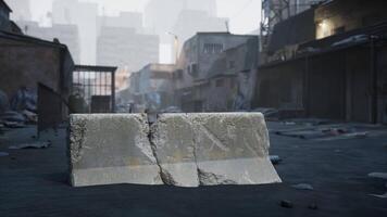 An abandoned urban alleyway with debris and a concrete block in view video